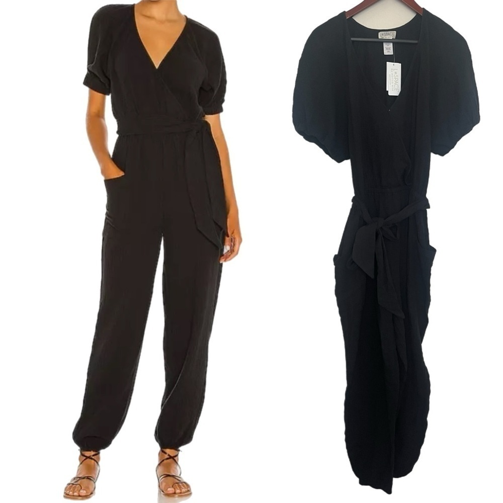L Space Black Shore Thing Lightweight Gauzy V Neck Relaxed Jumpsuit